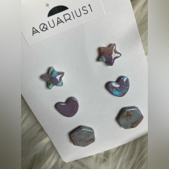 Handmade Pastel Iridescent Stud Earring Set Of 3 #1 - Picture 7 of 7